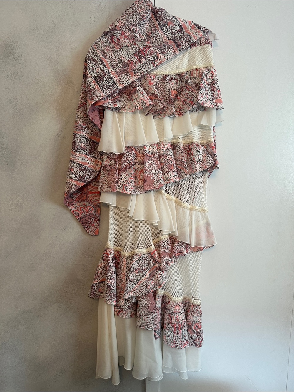 Ixiah Floral Cream and orange Tiered Ruffle Maxi Skirt with tie top/sash